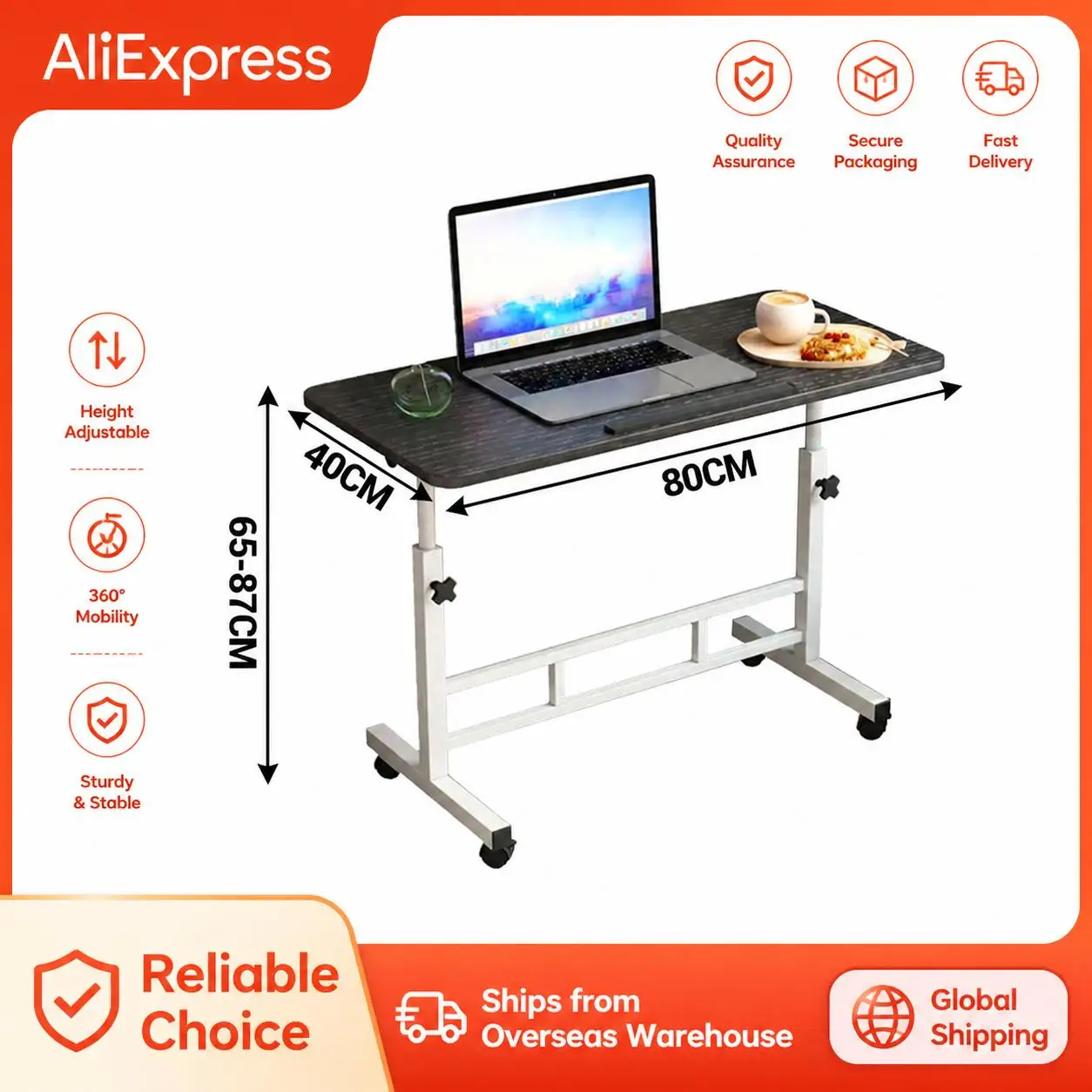 GarveeLife Mobile Laptop & Computer Desk on Wheels, Height Adjustable 65-87cm - Foldable & Tiltable 180 ° Rotating Tray - Space-Saving Overbed/Sofa