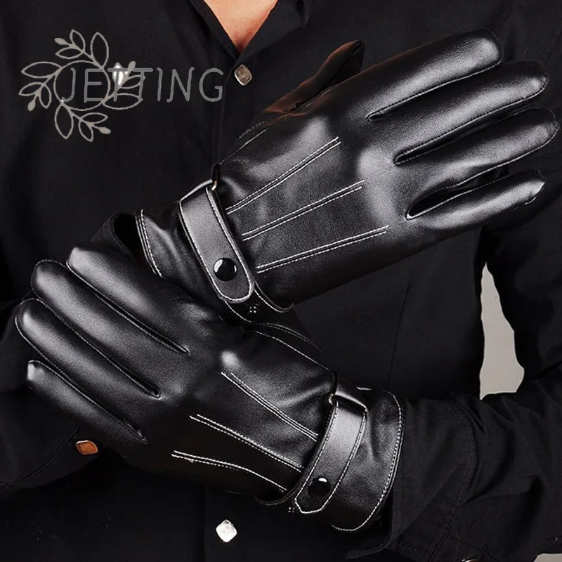 Hot Men Winter PU Leather Black Gloves Button Warm Mittens Outdoor Sports Driving Skiing Men's Windproof Gloves Winter Supplies