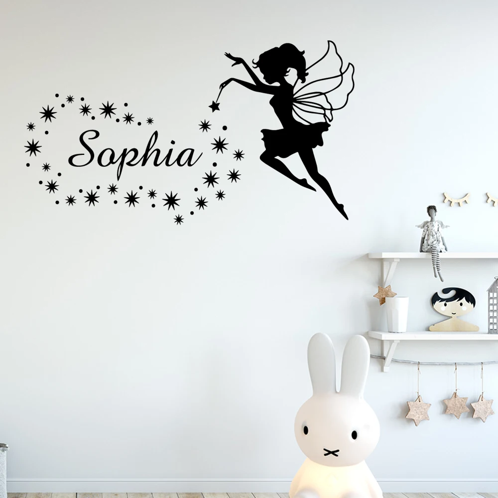 1 pc cool Fairies and Pegasus customize name Wall Stickers Modern Fashion Wall Sticker for kids room Decoration Accessories