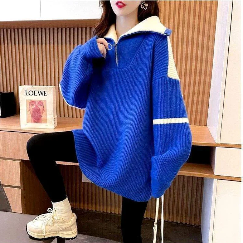 Thickened Long Sleeve Sweaters New Spring Autumn Color Block Turtleneck Zipper Fashion Casual Loose Mid Length Version Tops