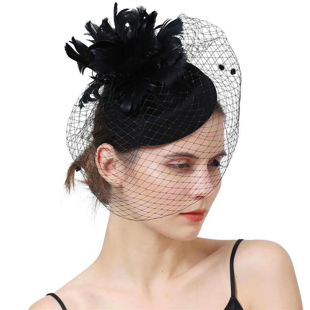 Women Black Fascinator Veils Hat With Clip Phillbox Feather Hair Clip Cocktail Tea Party Hair Accessories Ladies Net Headwear