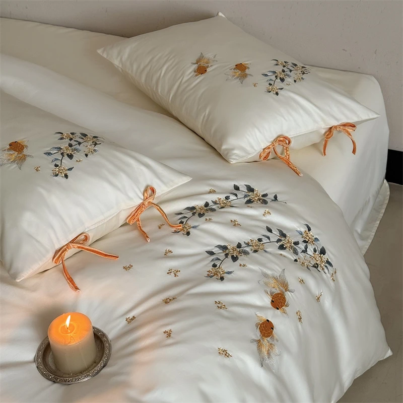 1000TC Egyptian Cotton Flowers Goldfish Embroidery Lace-Up Luxury Bedding Set Duvet Cover Flat/Fitted Bed Sheet Pillowcases 4Pcs