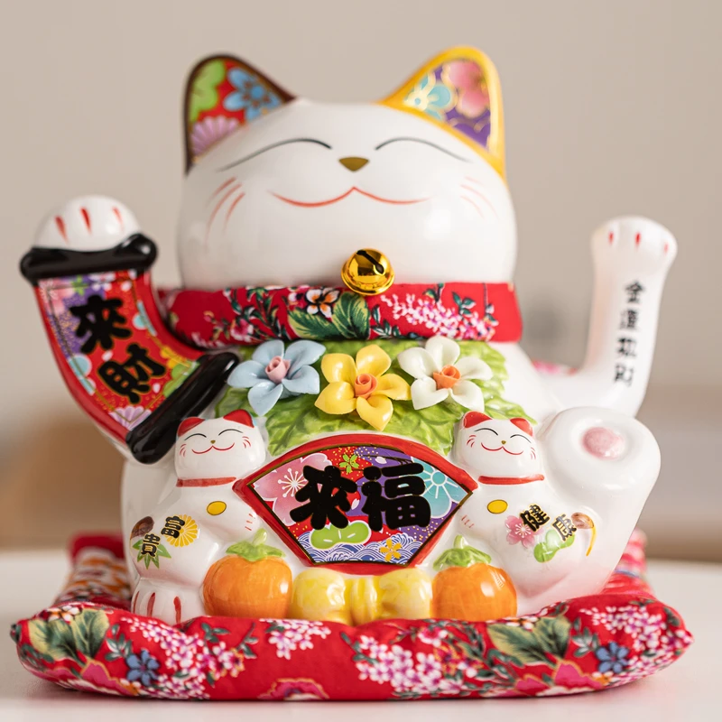 8.5 Inch Ceramic Lucky Cat Statue Waving Hand Maneki Neko Ornament Decorative Fortune Cat Figure Business Blessing Mascot