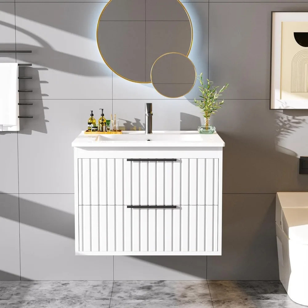 24-Zoll-Badezimmer-Waschtisch mit Waschbecken, schwebender Waschtisch, Wandhalterung für Badezimmer-Waschbecken, Soft-Close-Funktion, 2 große Schubladen