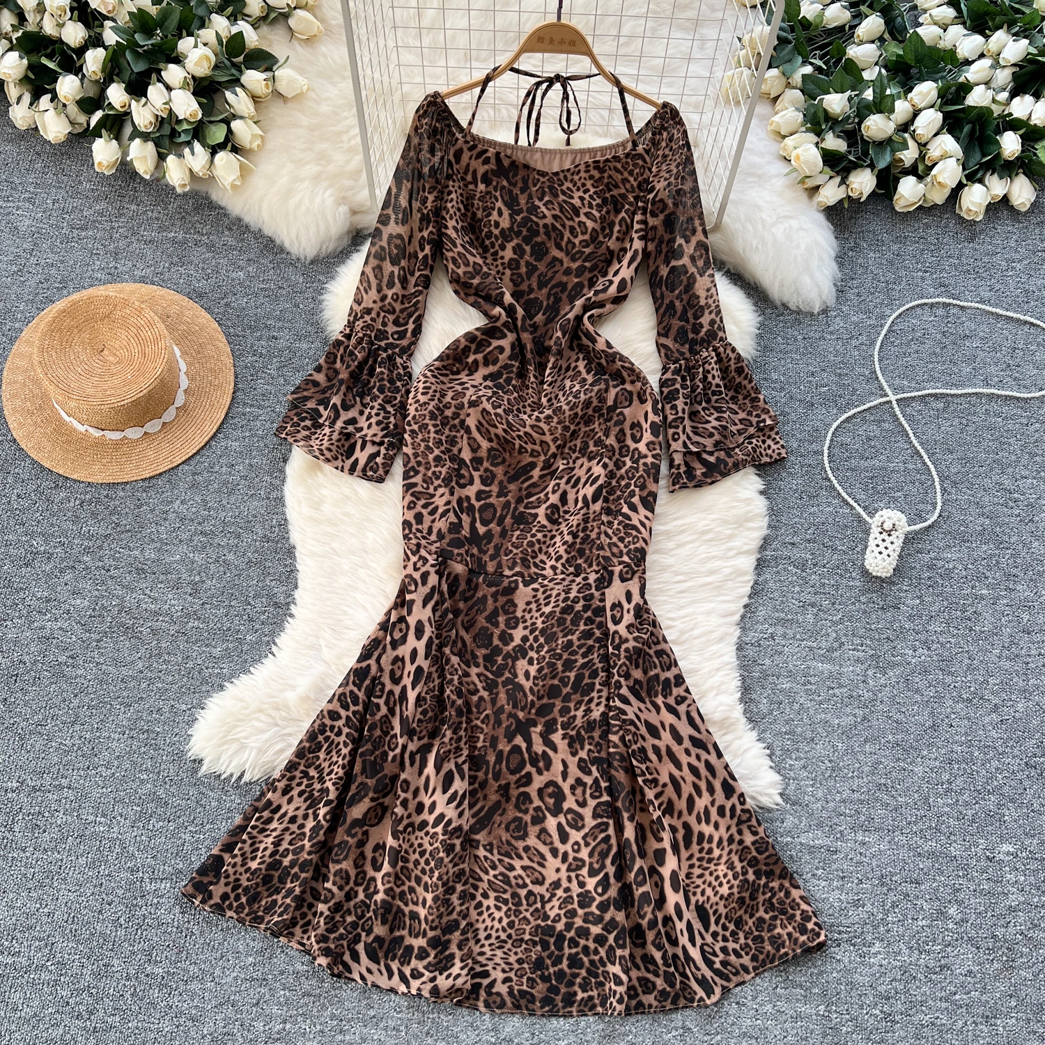 Elegant Long Flare Sleeve Vintage Slash Neck Halter Chic Leopard Slim Mermaid Dress Hotsweet Evening High Street Autumn Clothing