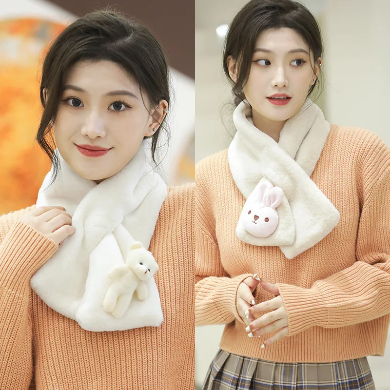 Cute Cartoon Bear Plush Scarf Women Student Winter Warm Fleece Thickened Cross Scarves Autumn Girl Scarf Korean Style New Gift