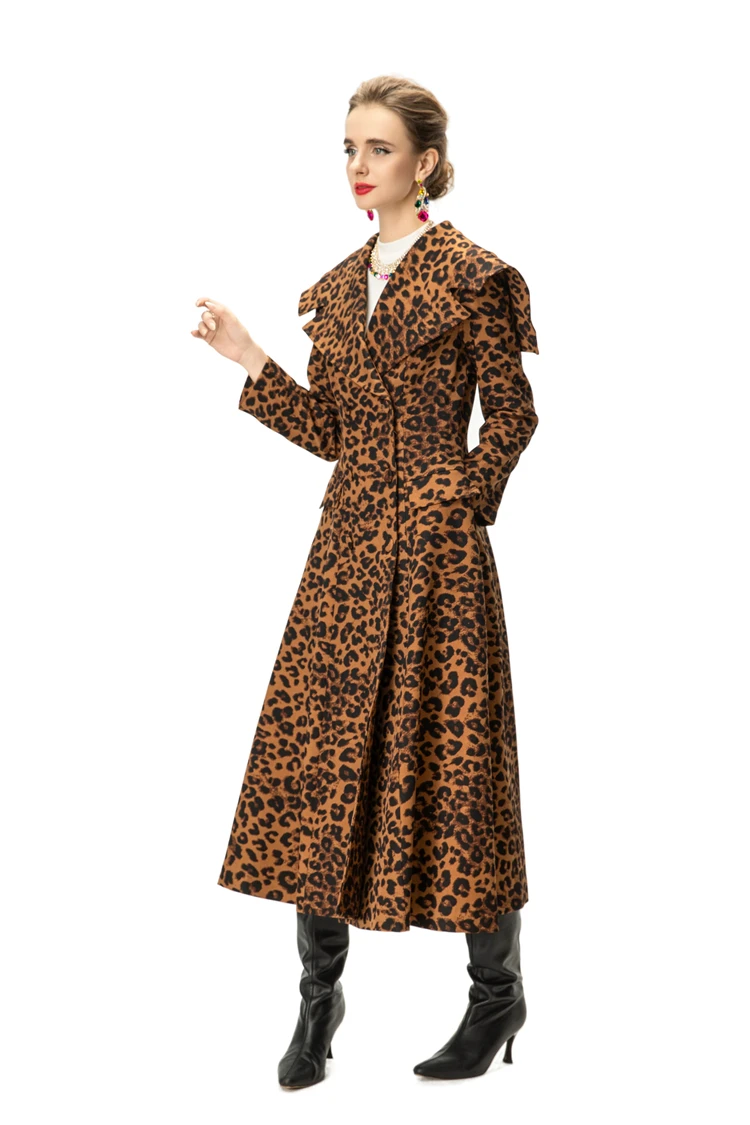 معطف نسائي طويل بطبعة جلد الفهد مع طية صدر مدببة دراماتيكية وأكمام بالون لخزانة ملابس الخريف