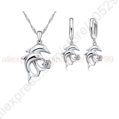 Doule Dolphin Jewelry Sets 925 Sterling Silver Jewellery White Cubic Zirconia Pendant Necklace Lever Back Earring
