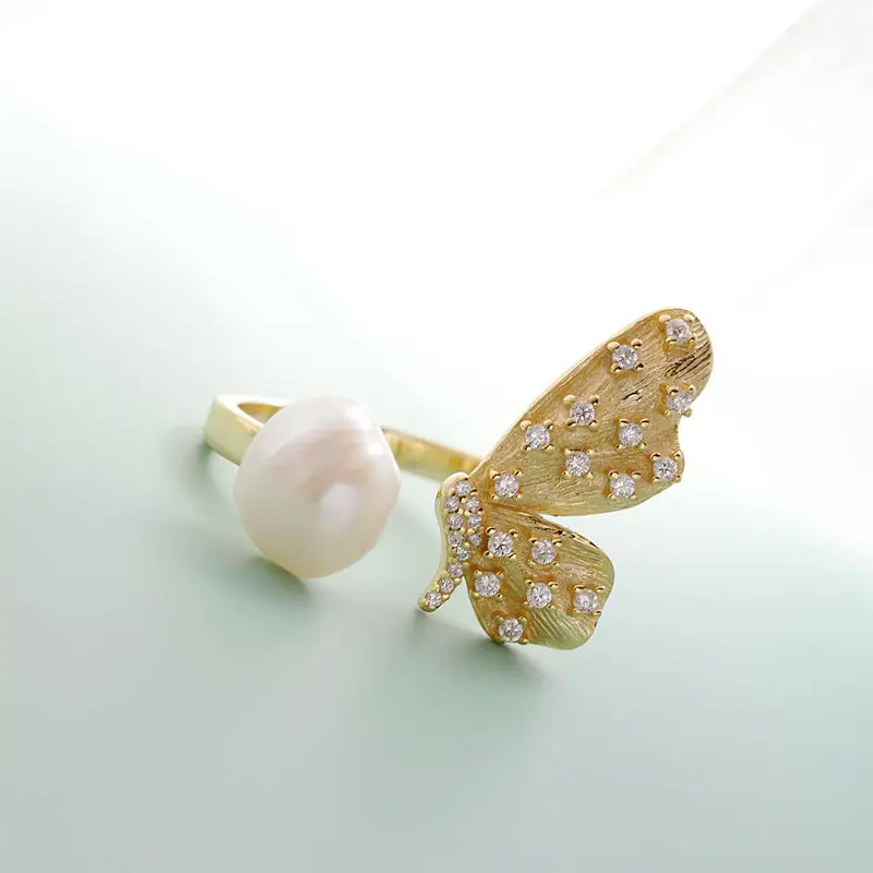 Elegant and Minimalist 18K Gold Plated Butterfly Open-Front Ring Inlaid Natural Baroque Pearl 925 Sterling Silver Rings Jewelry