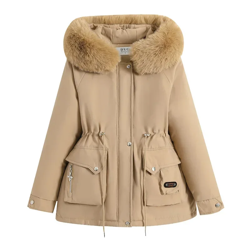 2024 Big Fur Collar Big Pocket Waist Thickened Drawstring Slim Hooded Pie To Overcome Temperament Fashionable Warm Model