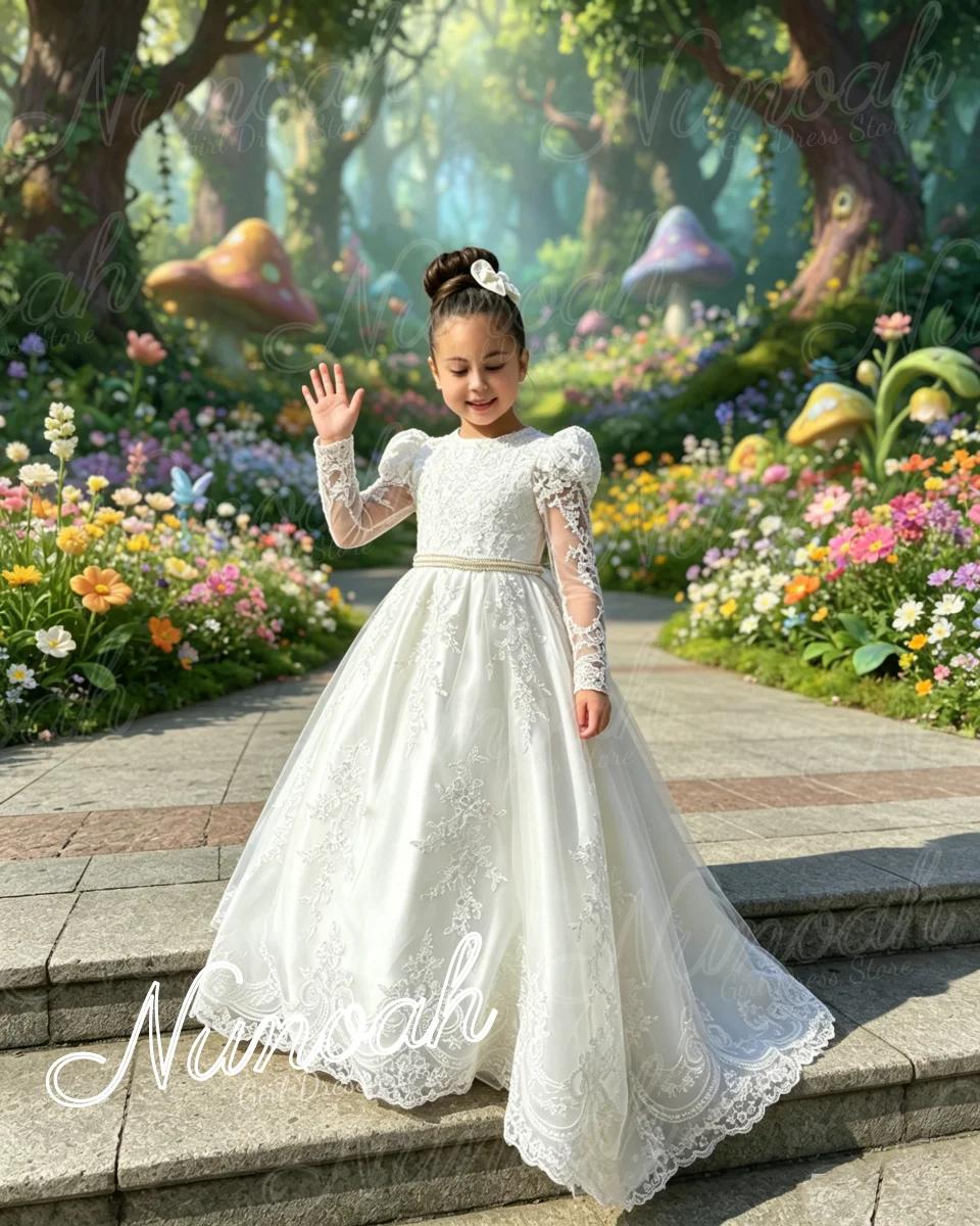 Weiße Blumenmädchenkleider für Hochzeiten, Perlen-Spitzenapplikationen, Prinzessinnen-Geburtstagskleider für Kinder mit Schleife, Kommunionskleider, individuell anpassbar