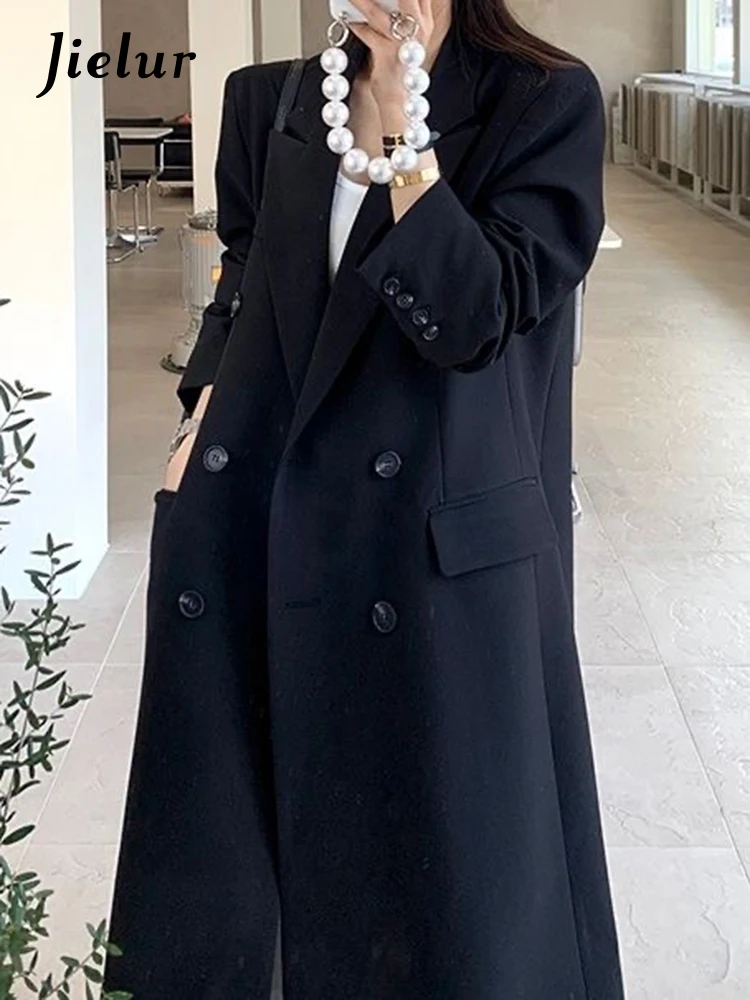 

Jielur Korean New Black Loose Slim Female Trench Autumn Basic Simple Casual Office Lady Double Breasted Solid Color Women Trench