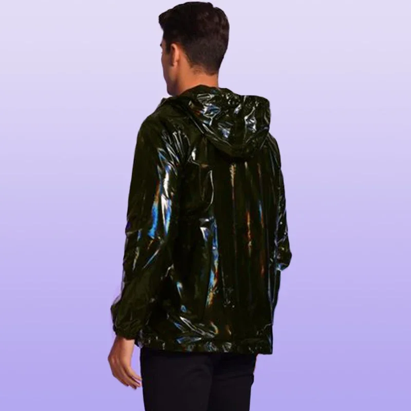 Men's Faux Latex Hoodie Jacket Coat Dazzling Black Glossy Patent Leather PVC Coat Wetlook Male Casual Overcoat Full Zip Custom