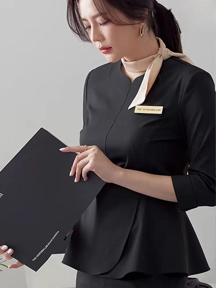 2024 Beautician Work Clothes Female Hotel Front Desk Fashion Professional Black Top and Pants Set Health Salon SPA Uniform Sales