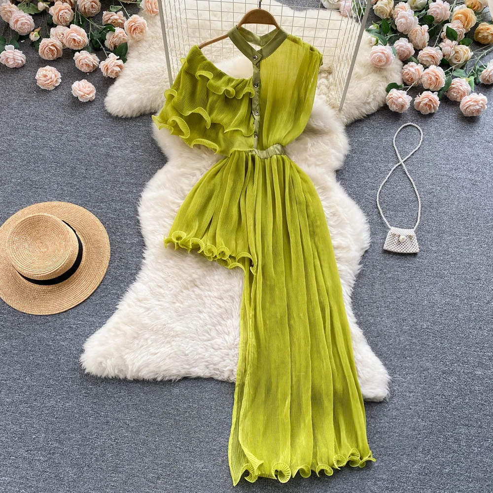 Summer Women Chiffon Ruffles Shirts Dress Slim Off Shoulders Irregular Patchwork Folds Blouse Multi-Layers Pleated Tops Vestidos