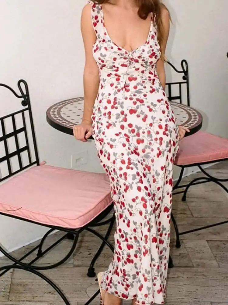 Vestido largo elegante con cuello en V y estampado de flores para mujer, vestido amarillo sin mangas con volantes y cintura alta, batas ajustadas para fiesta y vacaciones de verano 6OI5