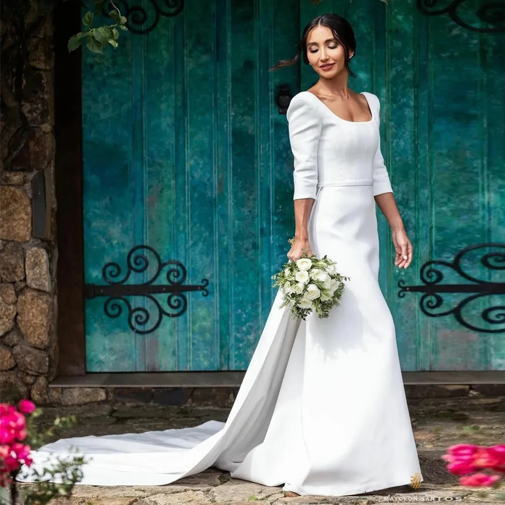 Vestido de casamento vintage longo com pescoço quadrado para nupcial, vestido country sem costas com trem destacável, manga de três quartos