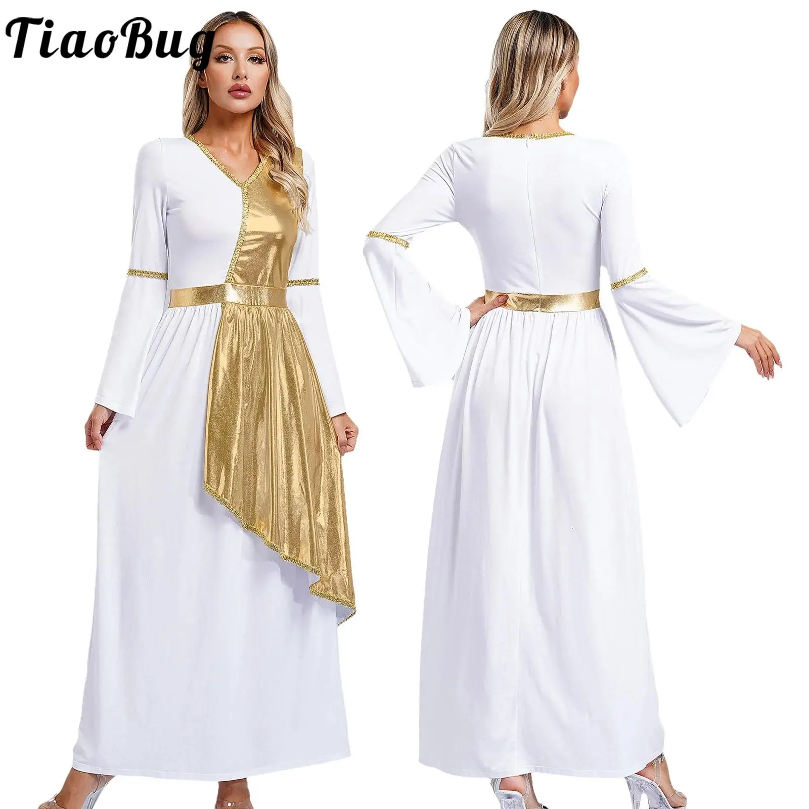 

Womens Ancient Greek Costume Roman Toga Dress Metallic Shiny Flare Sleeve Church Choir Robe Overlay Dress Maxi Gown Dancewear