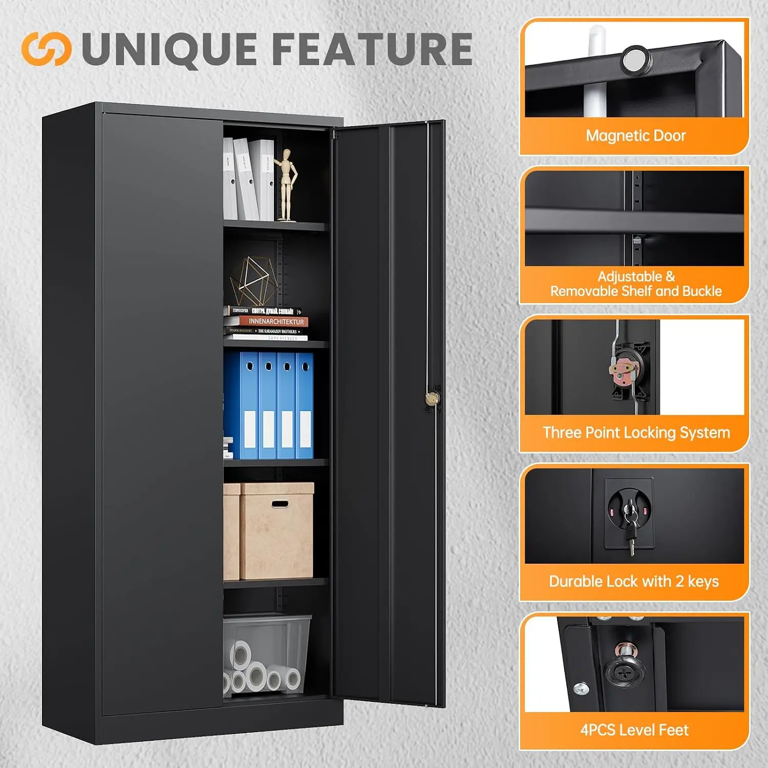 Metal Garage Storage Cabinet With Lock, Tall Rolling Tool Cabinet With Two Doors And Four Adjustable Shelves, Lockable Heavy Duty Steel Organizer Utility Locker For Home Office Warehouse, Black view 4