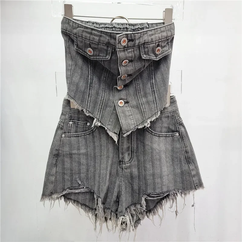 Sexy Spicy Girls Summer Denim Tube Tops Jeans Vest Strapless Camis Tanks+Denim Short Pants High Waist Hot Shorts Cowboy 2pcs Set