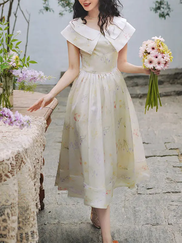 86-94cm bustsummer vestido longo feminino vintage elegante fino dupla camada turn-down colarinho floral impressão cintura alta grande balanço vestido