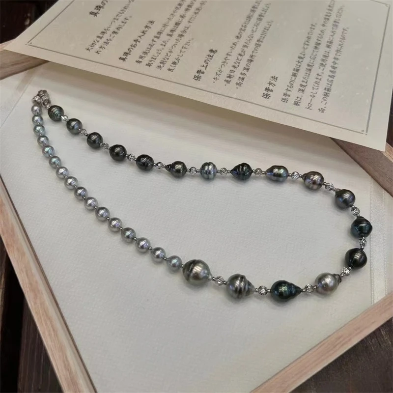 Tahiti Baroque Black Pearl Necklace Mixed Silver Grey AKOYA Pearls S925 Silver Women Ocean Pearl Jewelry