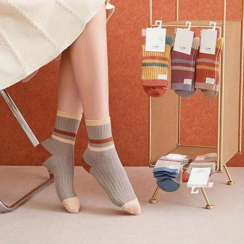 

5 pairs of colorful striped versatile mid-calf socks, retro color-blocked outdoor socks, casual comfortable warm mid-calf socks