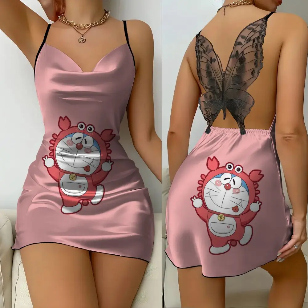 Buntes Stoff modisches Sommerkleid 2024 Doraemon bedruckte Schmetterlings dekoration Pyjama sexy Damen kleid rücken freies Kleid