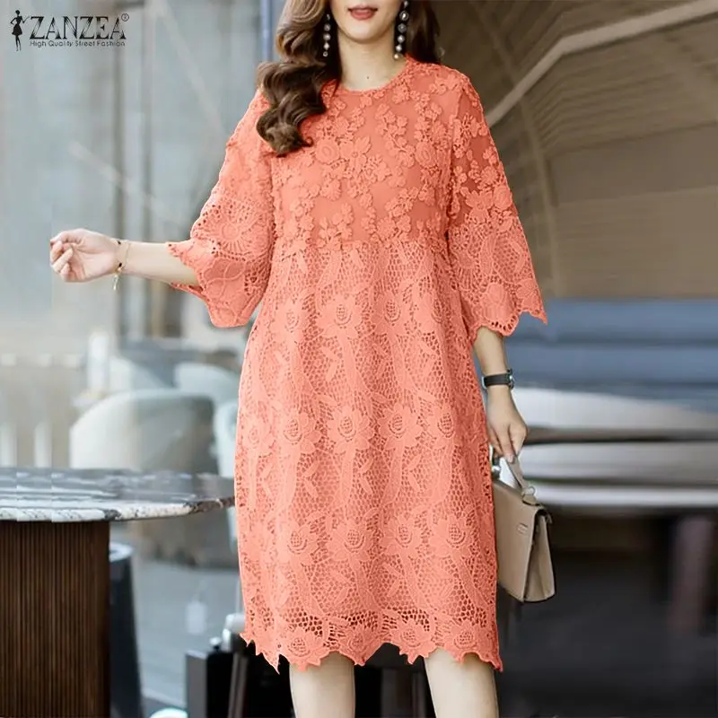 

ZANZEA Elegant Embroidered Floral Knee-Length Dress for Woman O-Neck 3/4 Sleeve Lace Patchwork Loose Dress Summer Casual Robes