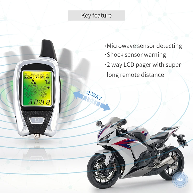 EASYGUARD LCD pager 2 way motorcycle alarm security system  universal dc12v with remote engine start stop shock/microwave sensor