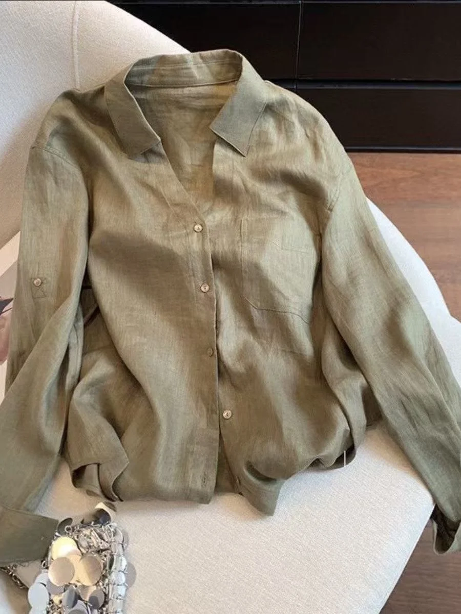 

Lightweight Loose Women's Long Sleeve Shirt Summer Sun Protection Casual Air Conditioning Top Collar Pure Color Breathable
