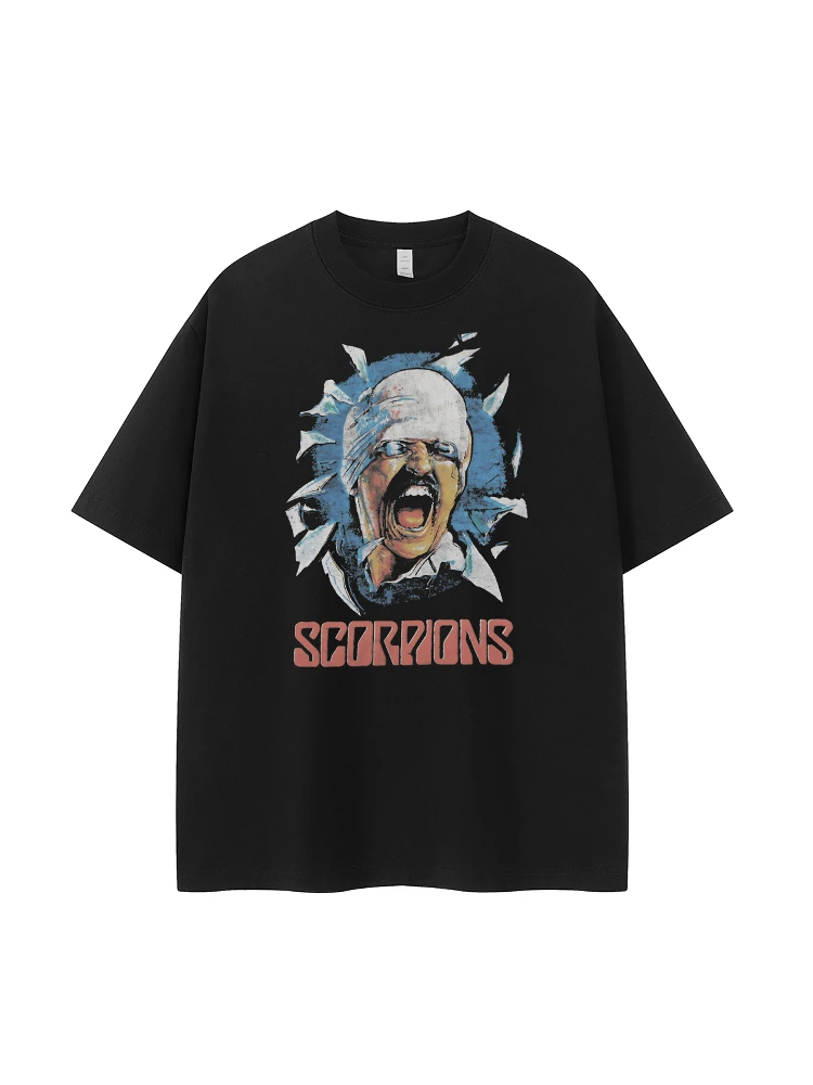 Retro American Street Style Scorpions Band Vintage Loose Fit Cotton round Neck Short Sleeve T-Shirt Breathable Casual Top