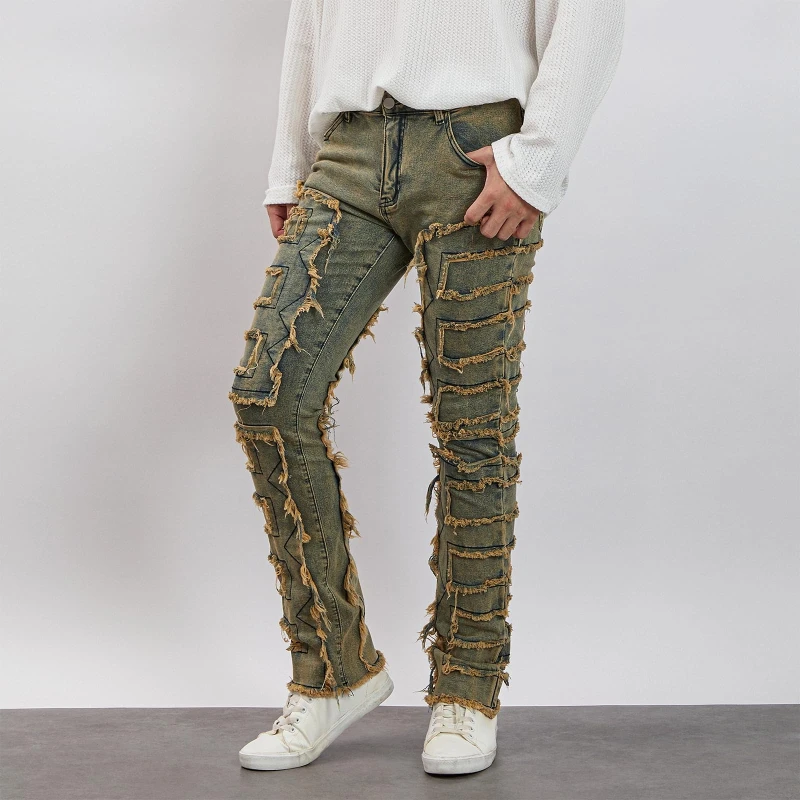 Herren Streetwear Patchwork Jeans Slim Fit Gerades Bein Vintage Gewaschene Denim-Hose mit Distressed Patches Modische Hose