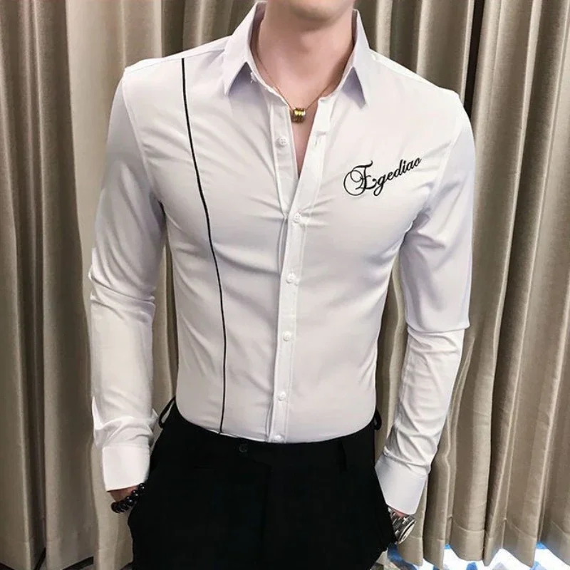 

Male Shirts Embroidery Long Sleeve Men's Shirt Muscle New in Elegant High Quality Luxury with Sleeves Fashion Man 2024 Social I