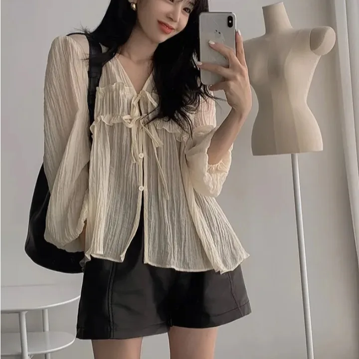 

Women's irt V-Ne Long Sve Tie-Dye Pure Color Turn-down Collar Sun Protection Spring Summer New Sle Fre And Versatile