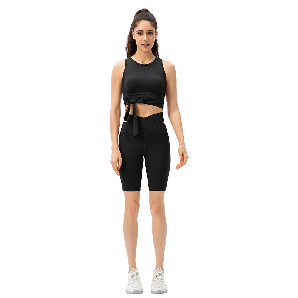 

2023Women's Nude Yoga Suit, One-piece Sports Bra, Cross High Waist Tight Shorts, Breathable and Elastic Fitness Suit