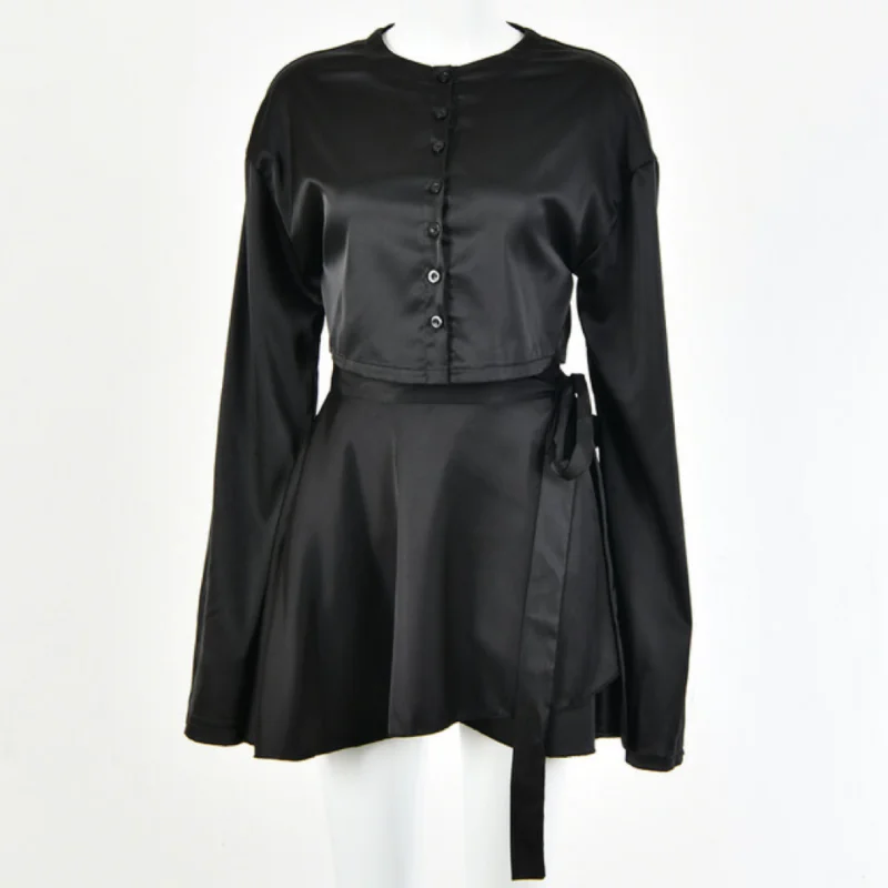 Satin Set Summer New Women's Solid Color Sexy High Waist Lace Cover Up Short Skirt Long Sleeve Button Cardigan Top Set