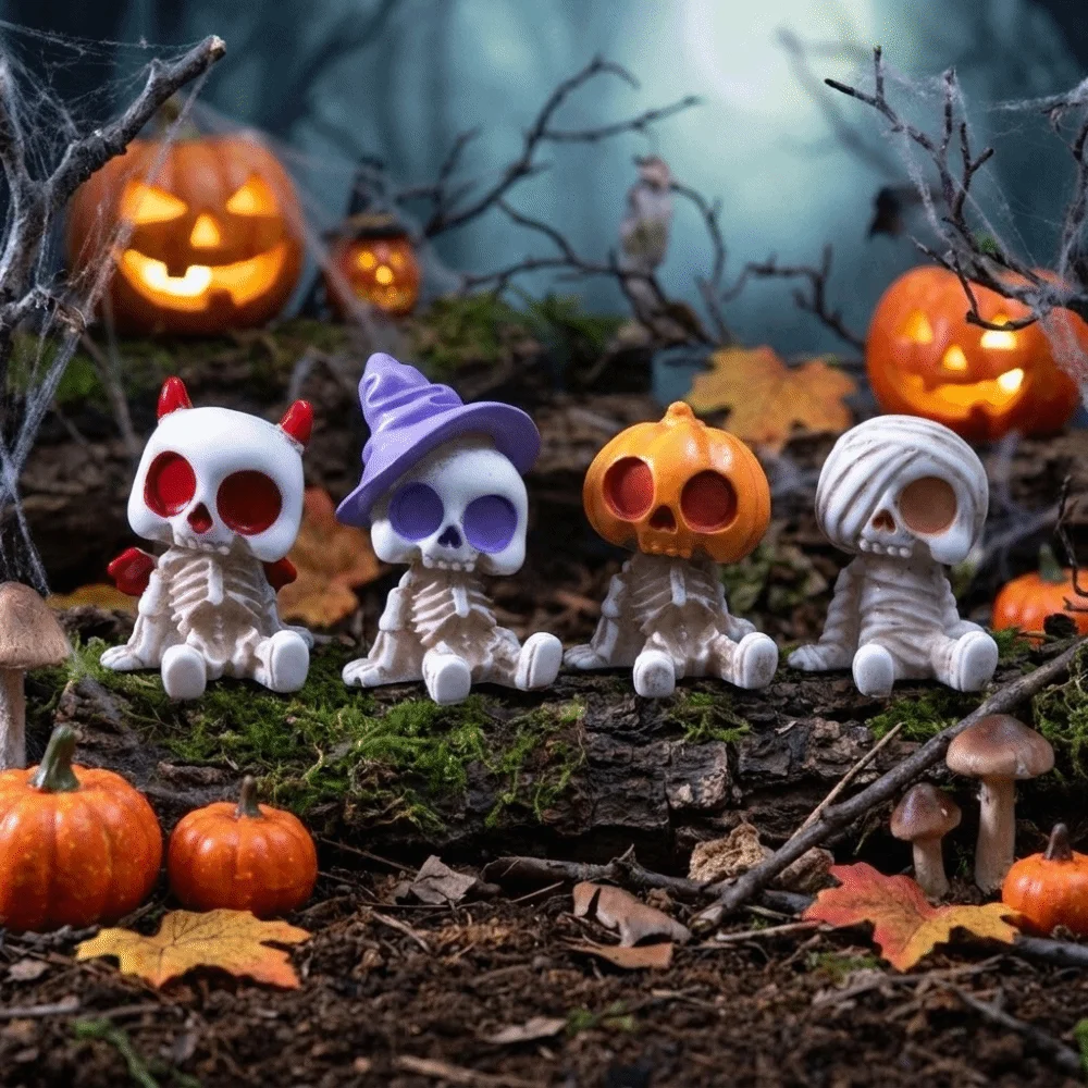 4pcs/set Resin Material Halloween Figurines Cute Design Pumpkin Mummy Ghost Skeleton Ornaments Spooky Lightweight