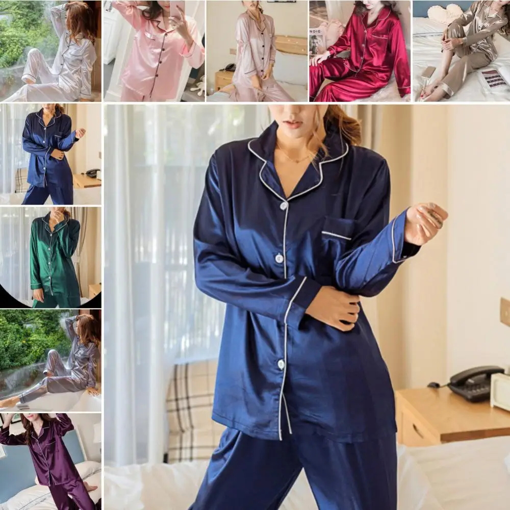 2 Pieces Women Silk Satin Pajamas Pyjamas Set Sleepwear Pijama Winter Long Sleeve Tops Pants Set Loungewear pyjama pour femme