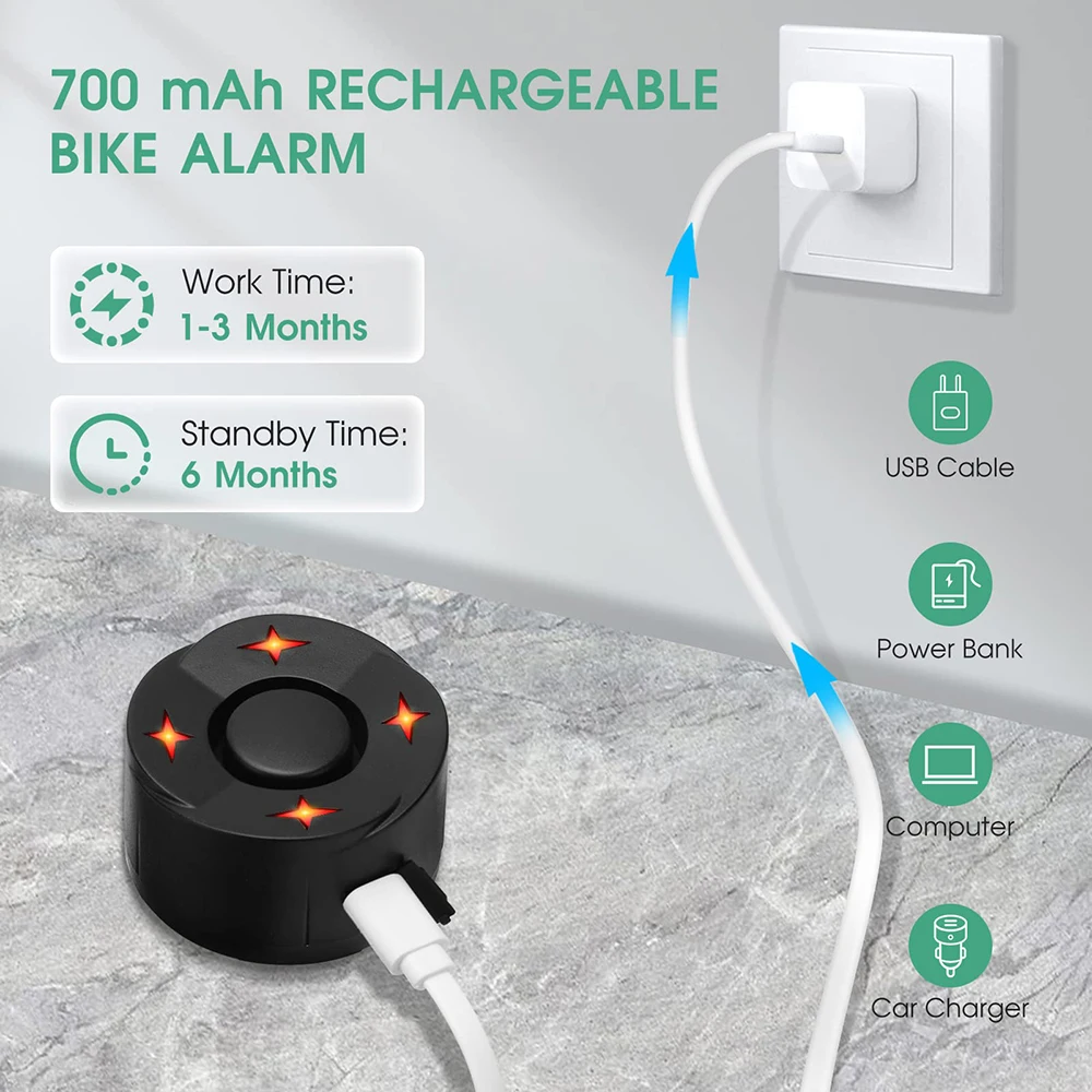 New Bike Alarm Wireless Waterproof Bicycle Vibration Alarm USB Charging Motorcycle Scooter Security Protection Anti theft Alarm