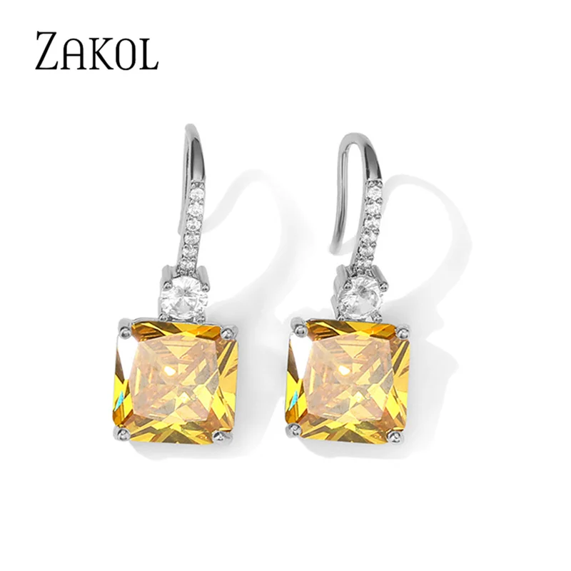 ZAKOL Yellow Square Cubic Zirconia Drop Earrings Women Fashion Wedding Engagement Jewelry EP5359