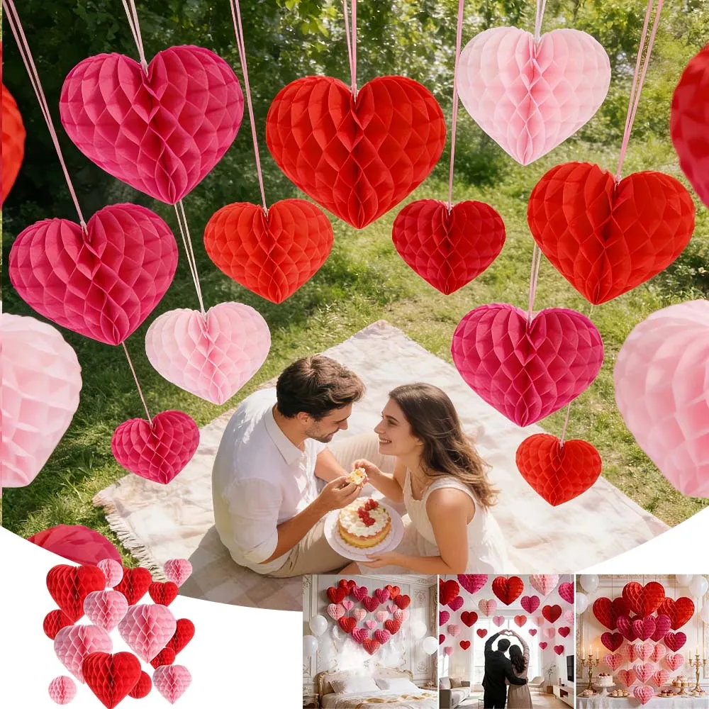 

10pcs Romantic Party Hanging Ornament Valentine's Day Red Heart Honeycomb Balls for Wedding Anniversary Decoration Supplies