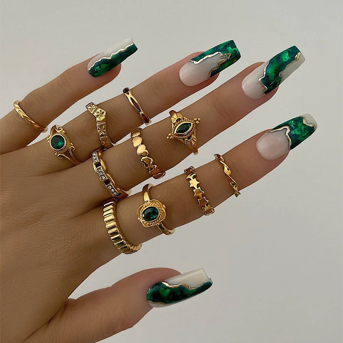 

Vintage diamond-set ring set ins wind retro imitation emerald geometric diamond-set alloy ring 11-piece set