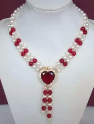 natural pearl New Beautiful Fashion 2 Rows White Pearl & Red love Heart Jewelry Necklace Bridal silver-jewelry