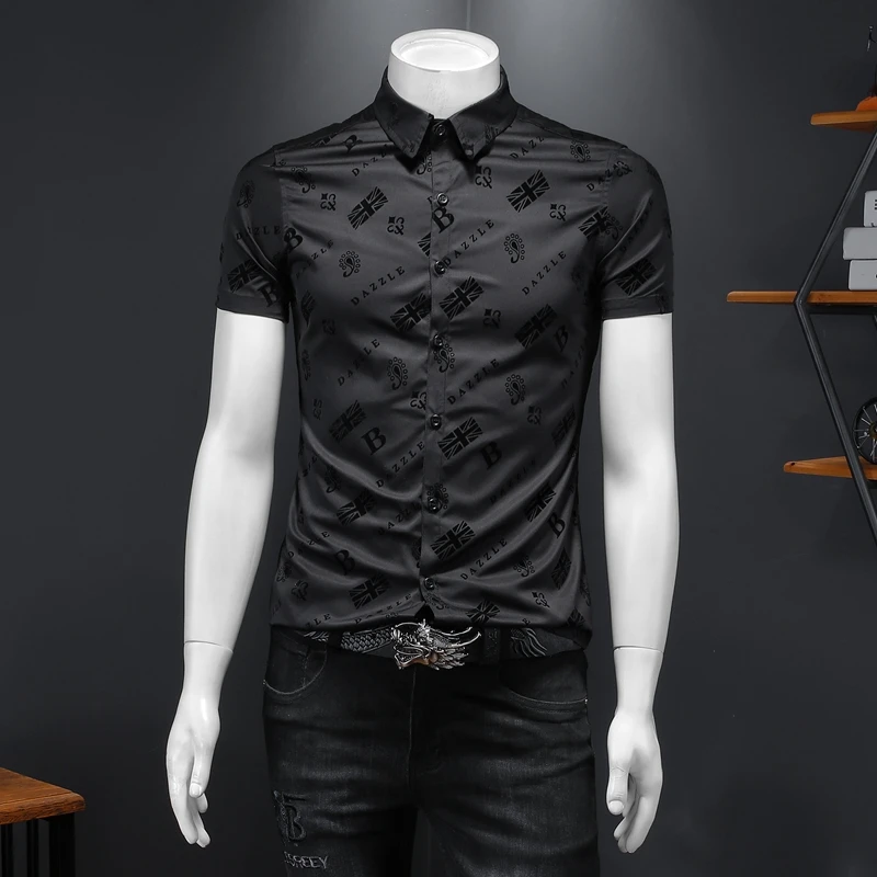 

Summer 2024 Men's Slim Fit Short Sleeve Shirt Casual Print Youth Fashion Polyester Fiber Square Collar Urban Style Daily Wear