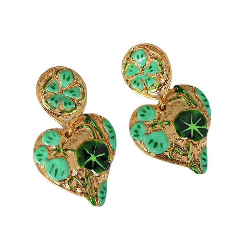 Vintage Green Enamel Heart Earrings For Women Jewelry Runway Party T Show Fancy Trendy Boho INS Japan