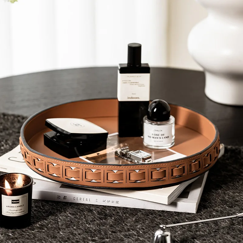 Circular Leather Storage Tray cosmetic sorting and storage tray decorative ornaments light luxury and high-end feel Desk decor