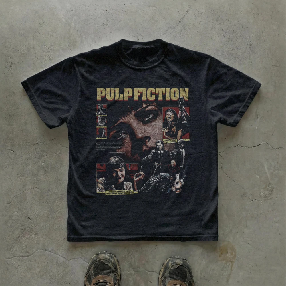 Vintage Pulp Fiction Graphic Tee Retro Film Poster Collage Unisex T-shirt Cult 90s Cinema Movie T-shirt Quentin Tarantino