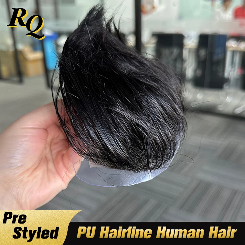 رقيقة الجلد الطابق السفلي قبل تصميم الرجال أمامي الشعر المستعار شعر بشري حقيقي شعري بولي PU الاصطناعية الذكور الجبين الخامس حلقة خط الشعر الأمامي #3