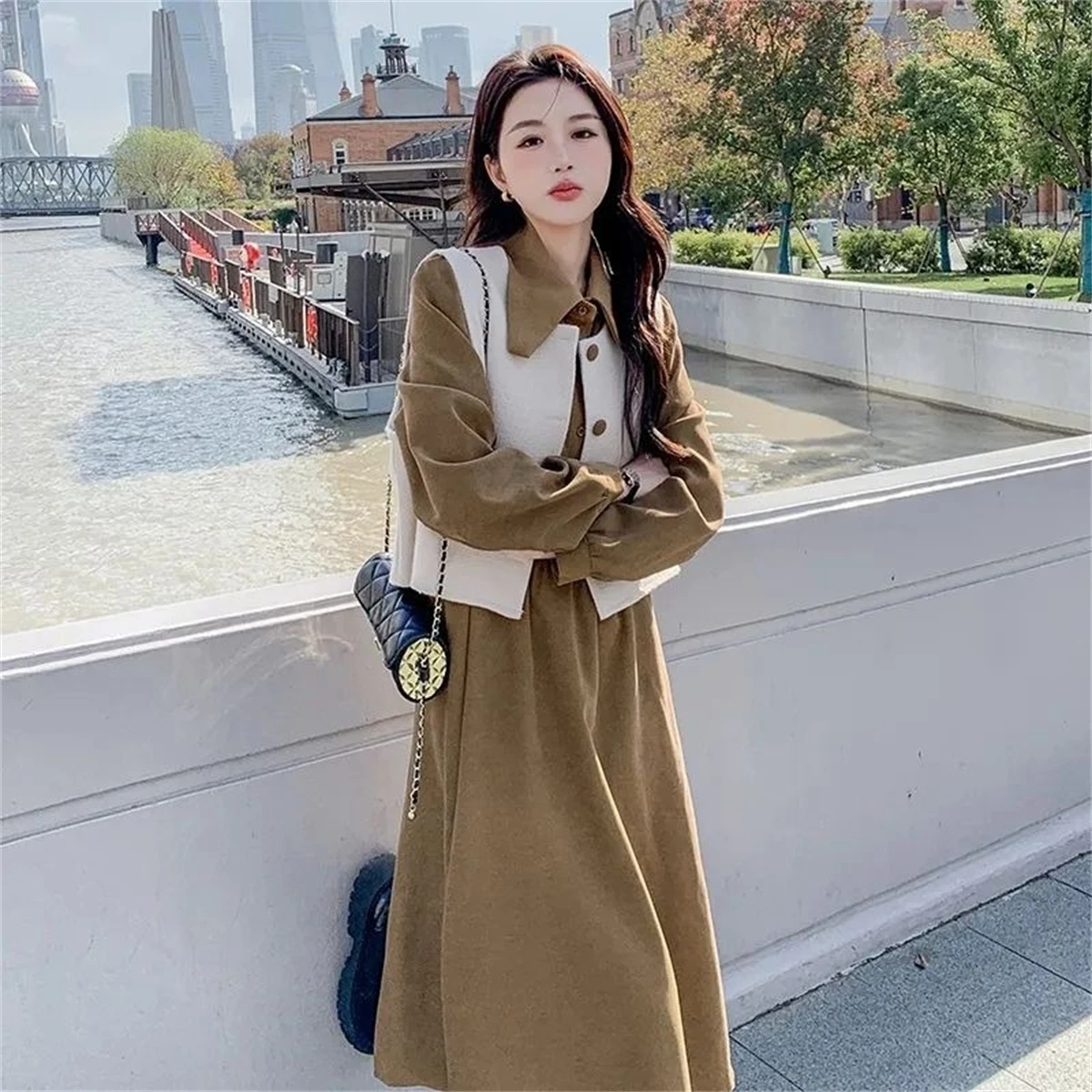 Trendy Fashion Long sleeved dress Women's suit Sense of design waistcoat fashion Long skirt two-piece set